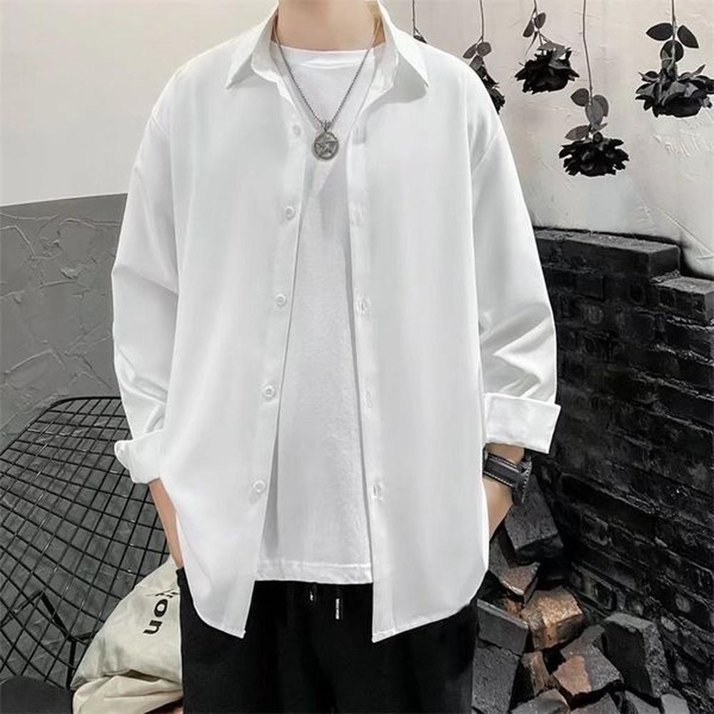 P122Handsome Korean Inspired Men's Suit Top - Solid Color Long Sleeve Shirt for All Seasons