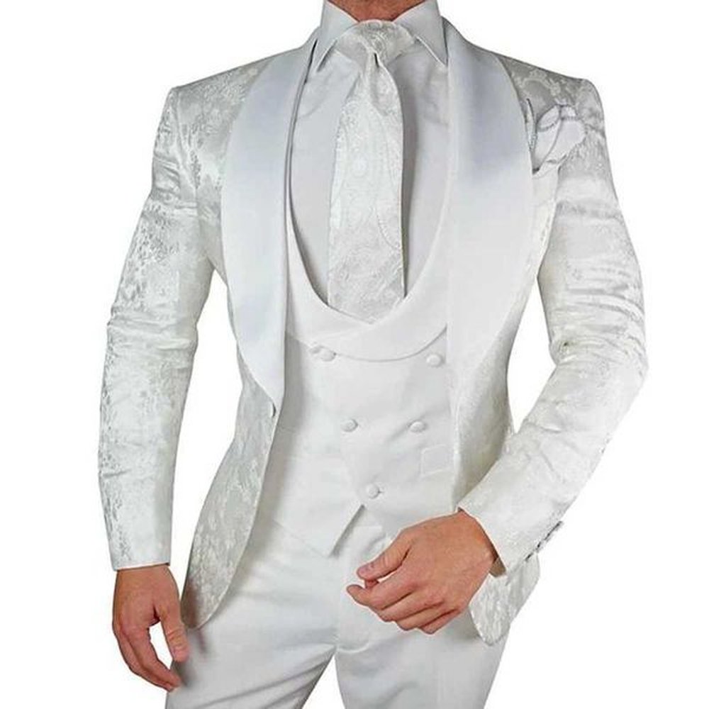 3 Piece White Floral Men Suits for Wedding 2024 Groom Tuxedo Slim Fit Suit Satin Shawl Lapel Custom Male Fashion Costume Homme LX241022
