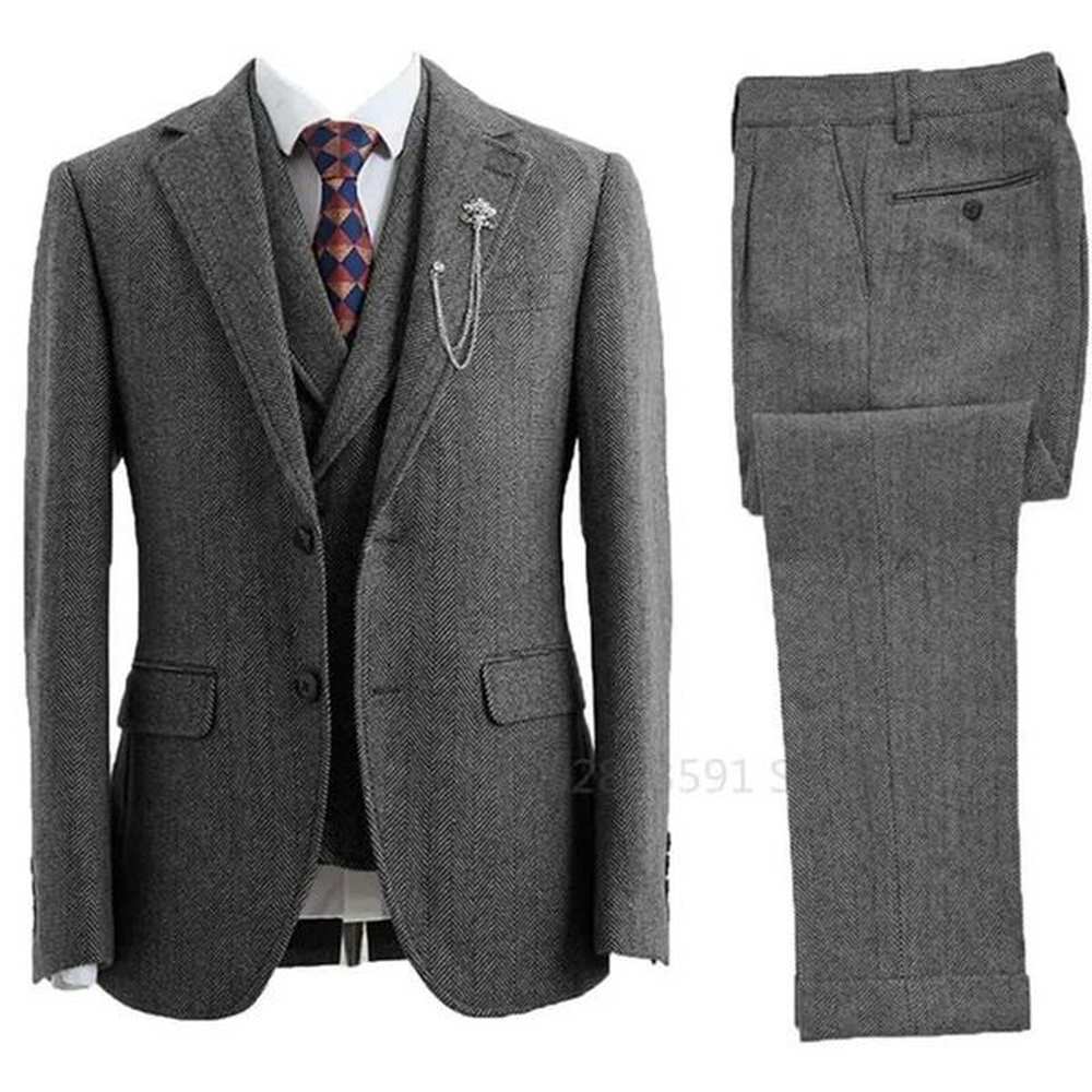 3 pieces of mens coarse woolen herringbone double chest wedding tailcoat size mens casual style mens clothing W241123