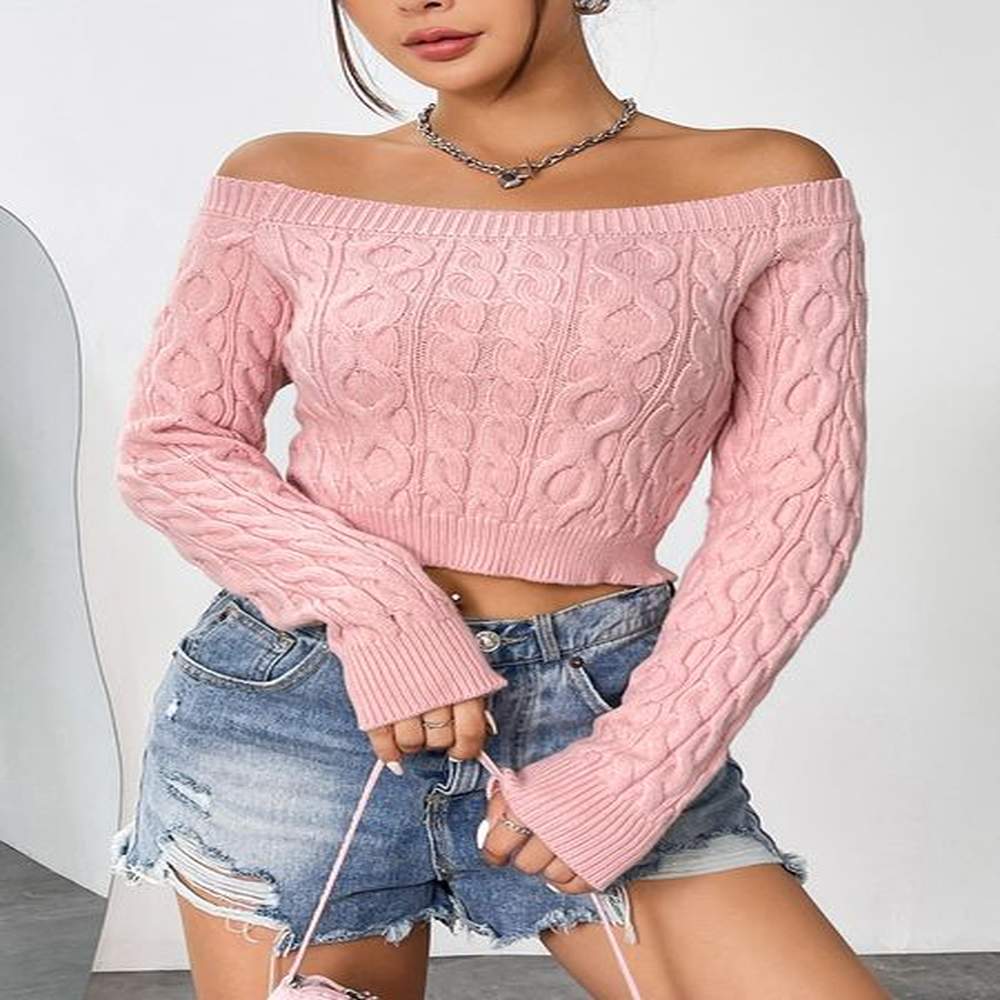 pink boat neck sexy womens knitted crop top super short