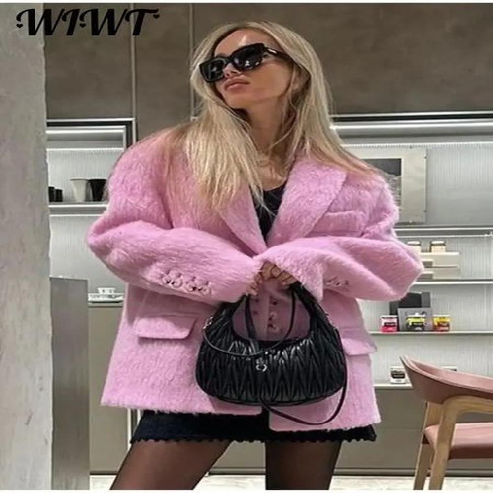 pink lapel woolen plush coats women elegant long sleeve button