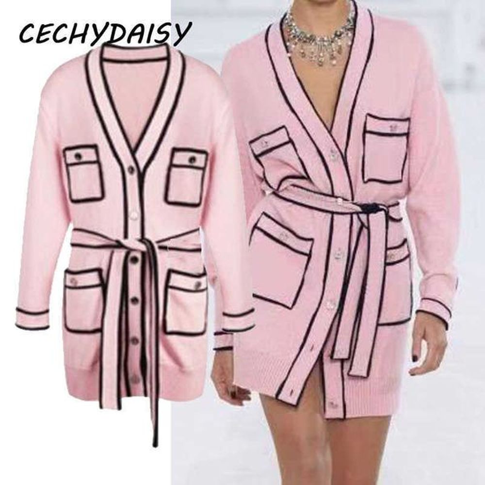 pink long sweater cardigans runway fashion vneck long sleeve pocket