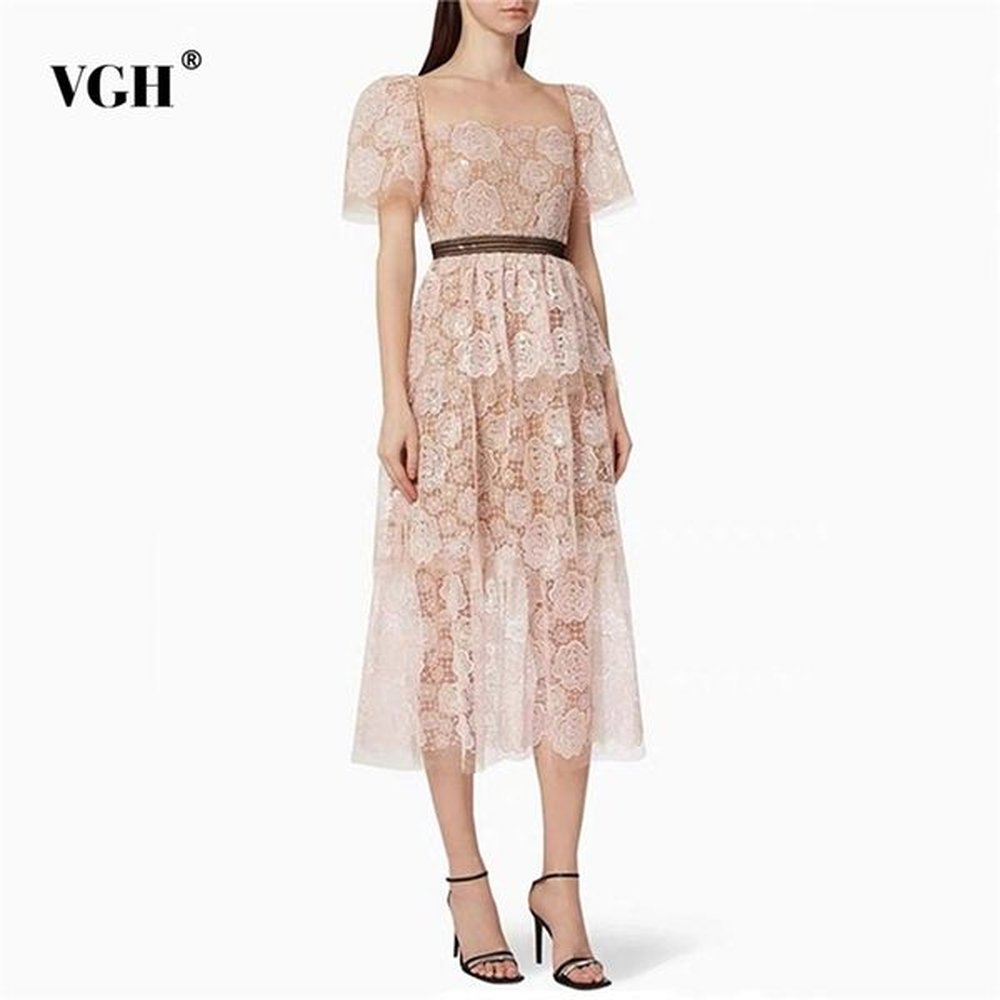pink patchwork sequin mesh dress for women square collar short