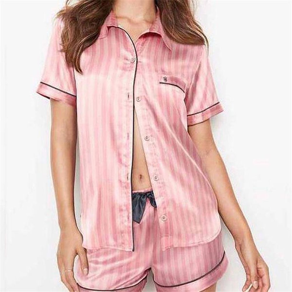 pink pieces pajamas sets faux silk striped pyjama sleepwear