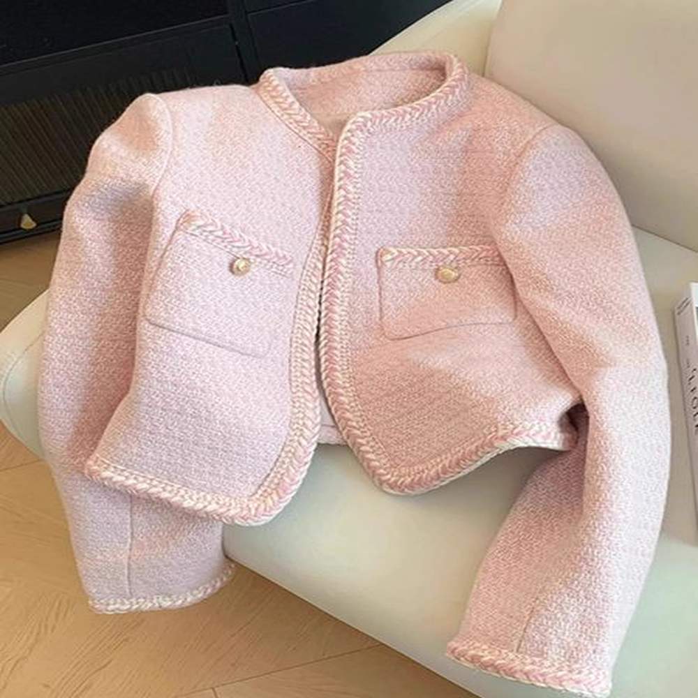 pink sweet tweed jacket women korean fashion oneck short outerwear