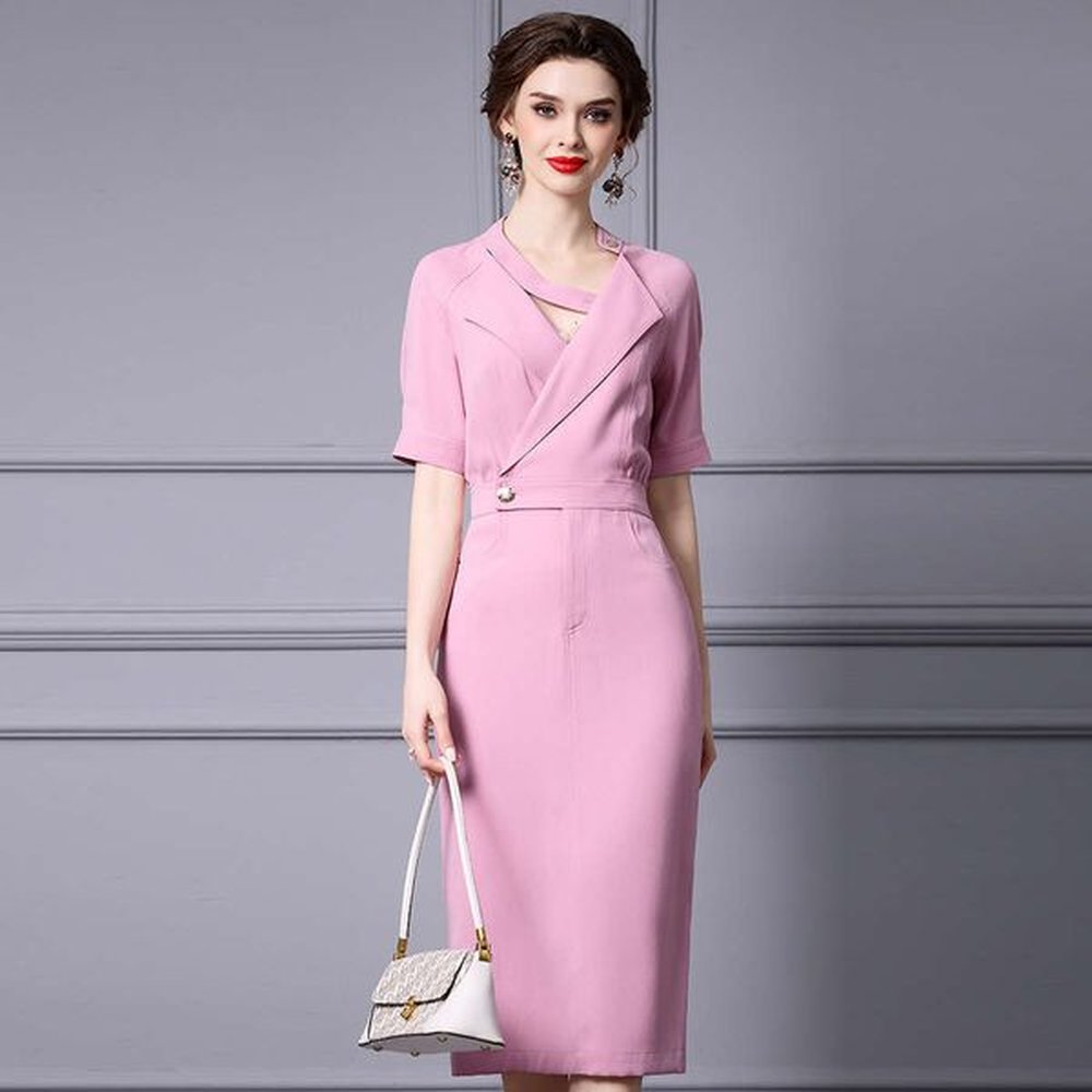 pink triacetate dress with exquisite design suit collar high waist