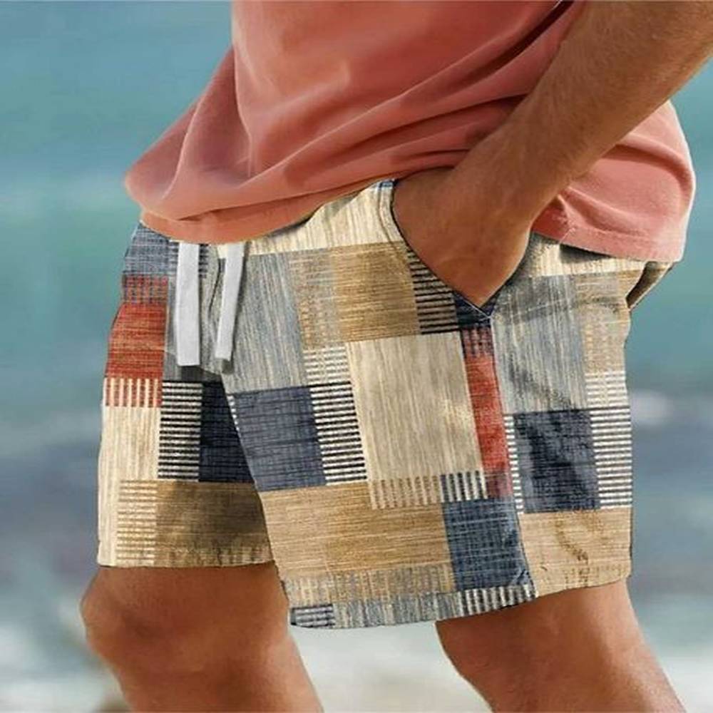 Plaid Color Block Mens Resort 3D Printed Geometric Board Shorts Swimming Rod Elastic Stretch Hawaiian Style Holiday Beach W241226