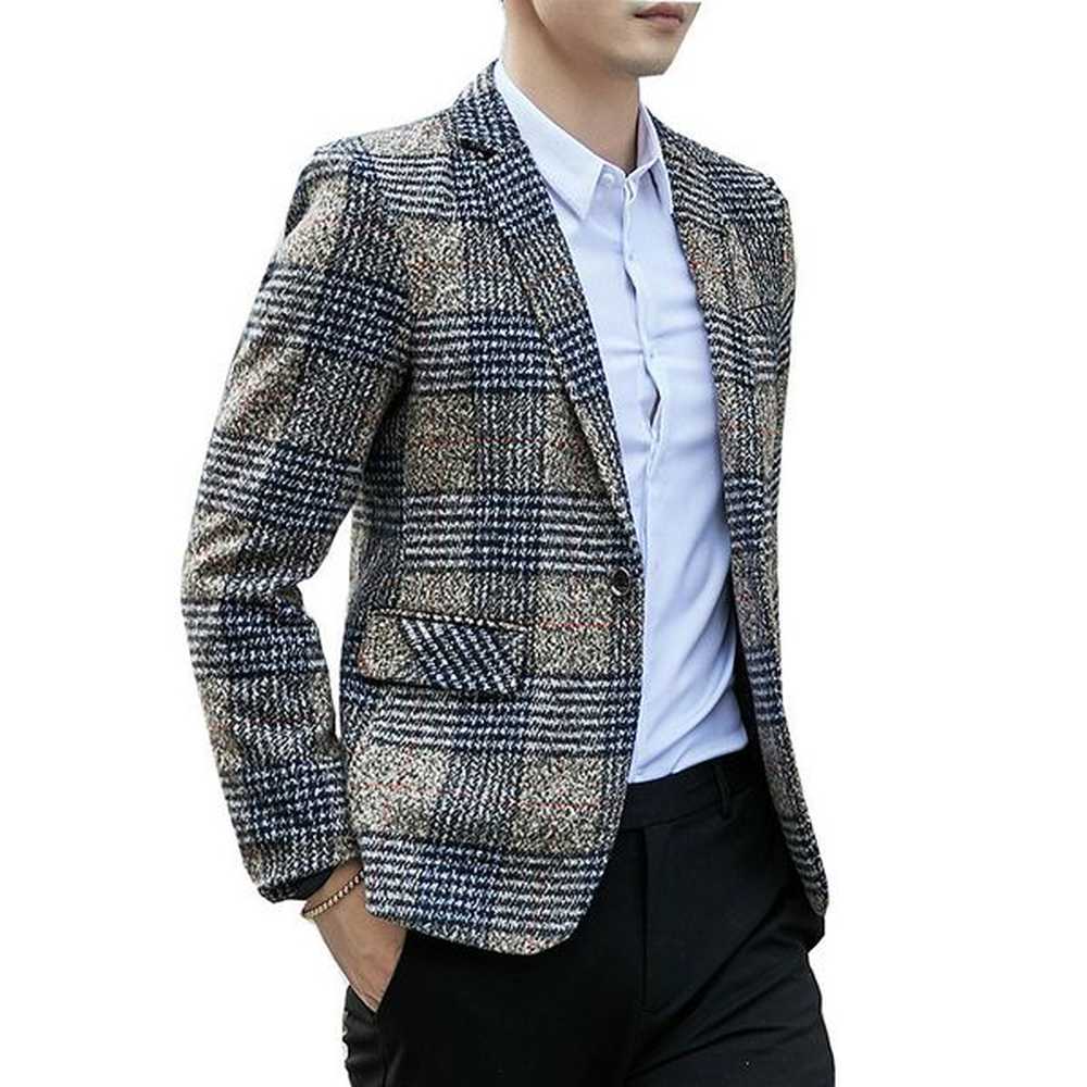 plaid men blazers Autumn Terno Masculino casual business Onebutton slim fit khaki Gray suits jacket men Blazer Homme 201104