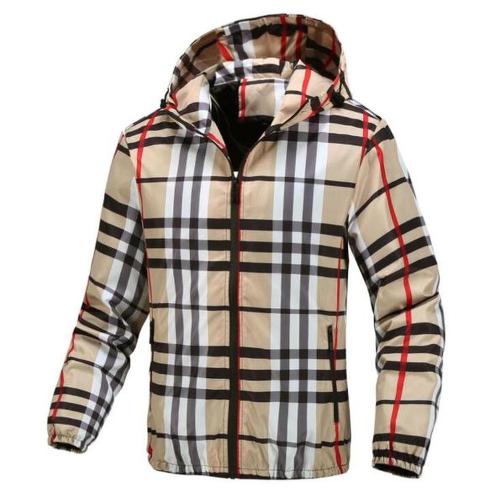 Plaid Outdoor Hooded Lightweight Jacket Thin New Fashion Stylish Men Breathable Fit Full Zip Cardigan Spring Fall Windproof Coat