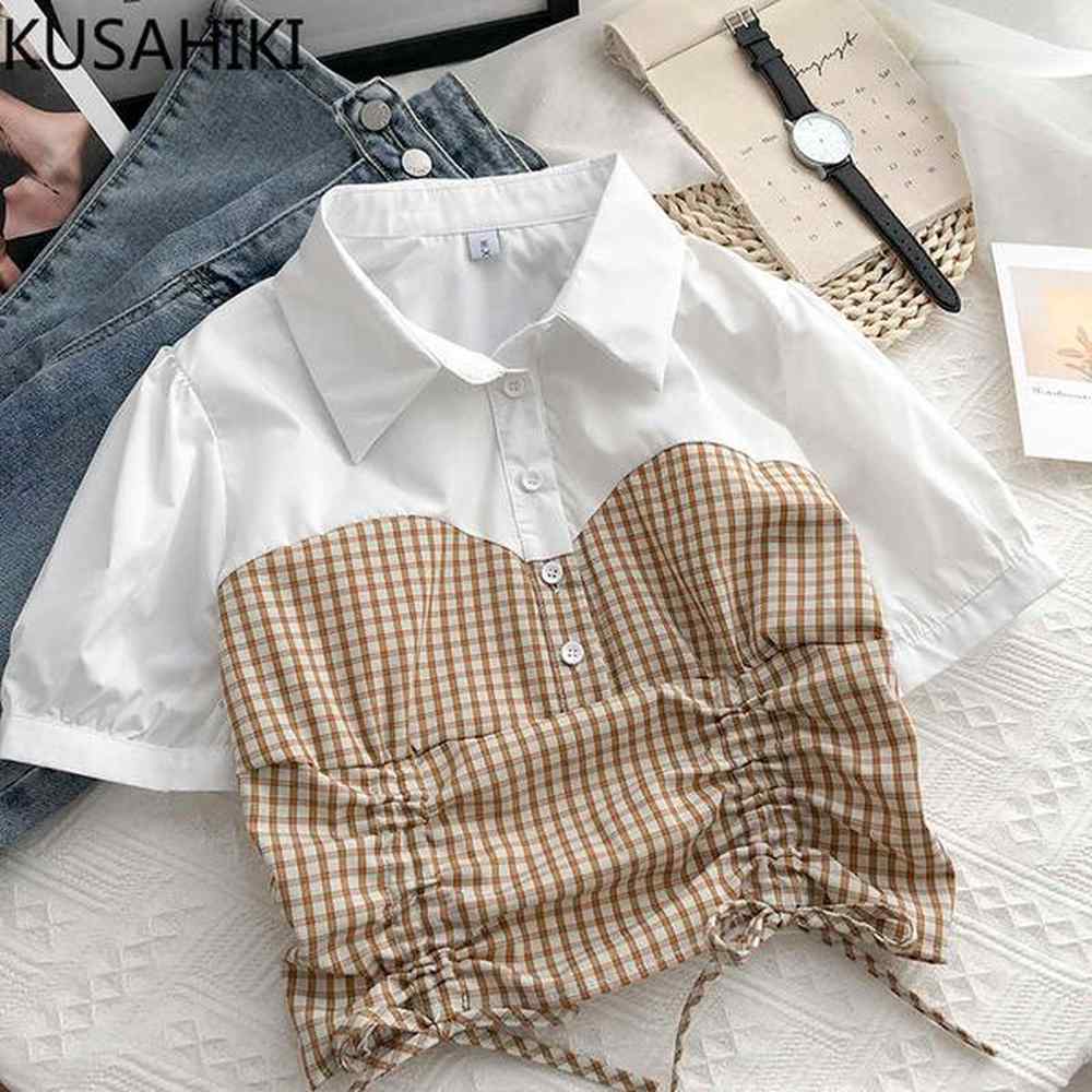 plaid patchwork drawstring short shirt puff sleeve turndown collar women