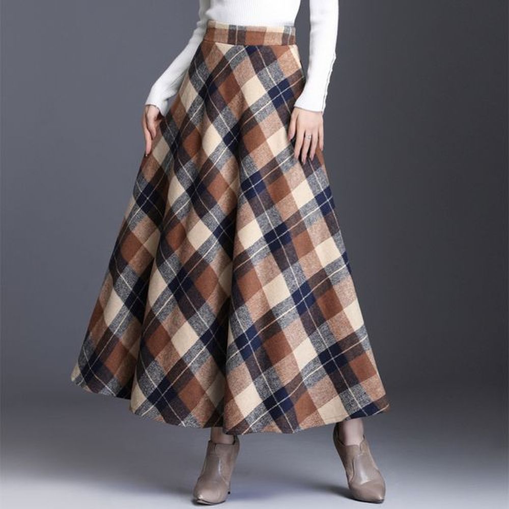plaid skirt womens autumn and winter midlength high waist aline