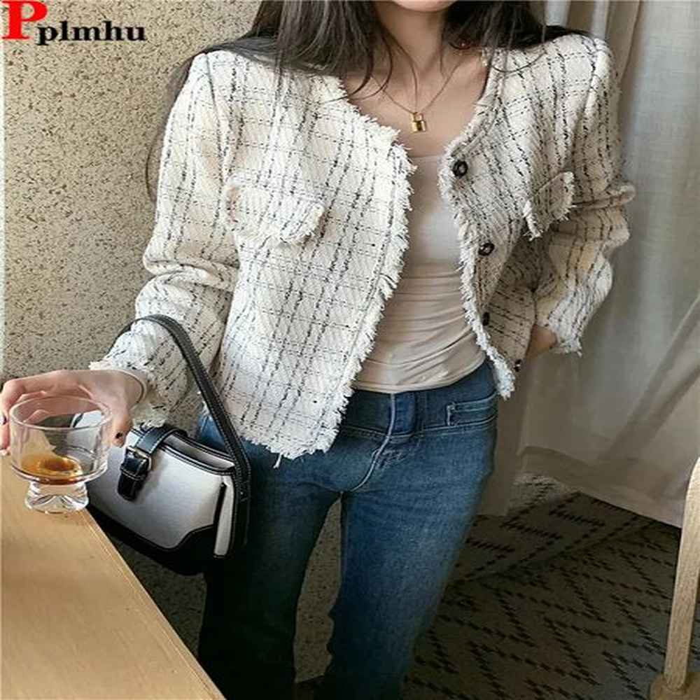 plaid slim tweed woolen short jackets vintage single breasted jaqueta
