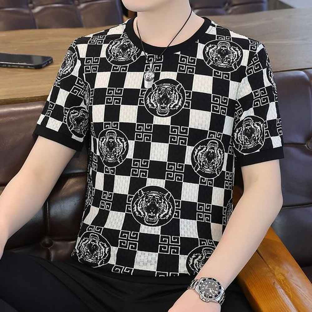 plaid tiger tshirt mens designer t shirt summer short sleeve Ice silk cotton t shirts men