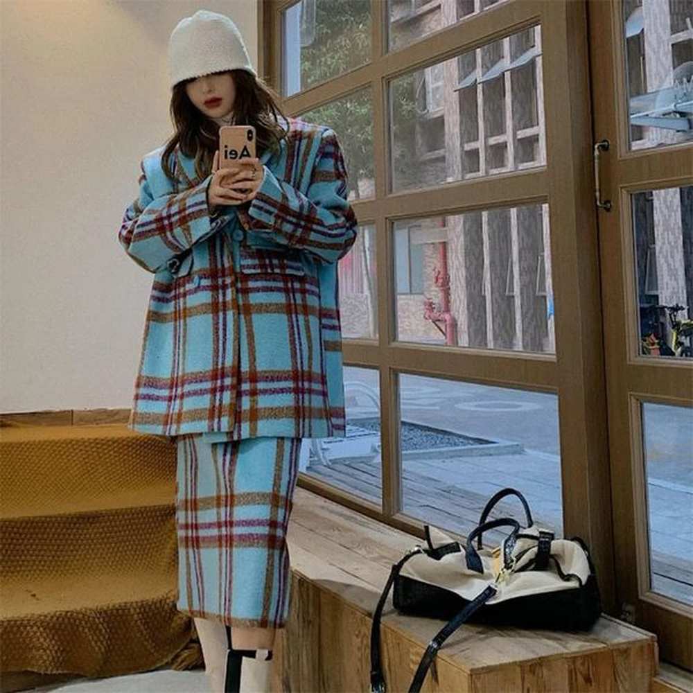 plaid tweed set casual blazer vintage thicken suits jacket high