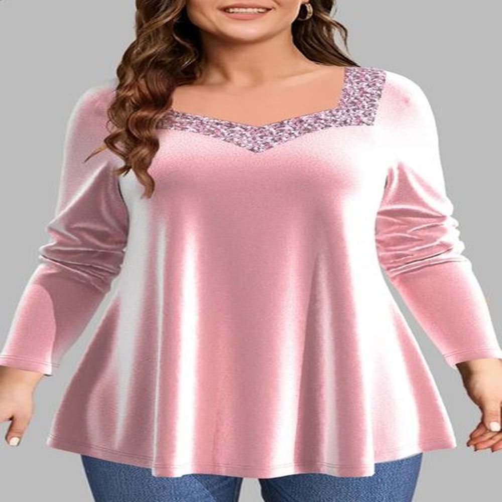 plus size casual pink velvet sequin decal square neckline shirt