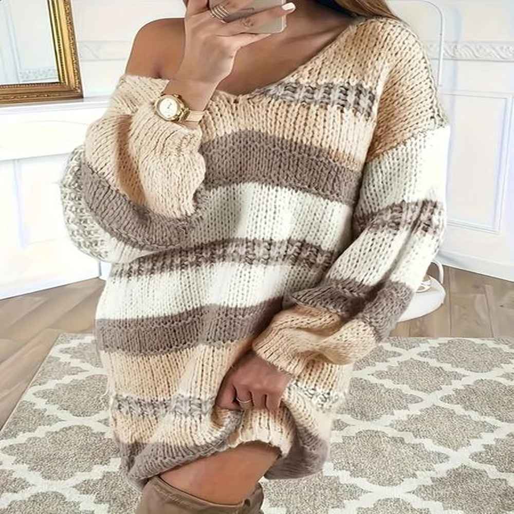 plus size color block sweater dress elegant v neck longsleeved