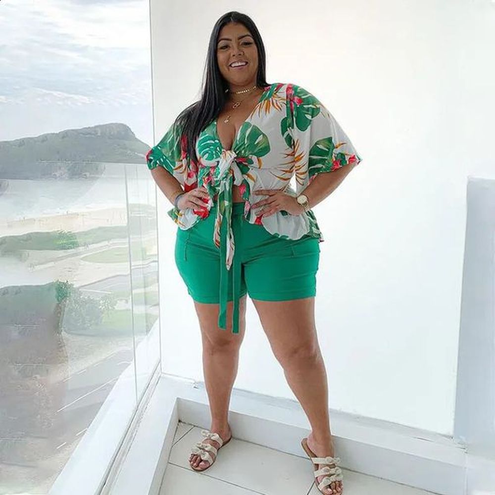 plus size floral print two piece short set women loose