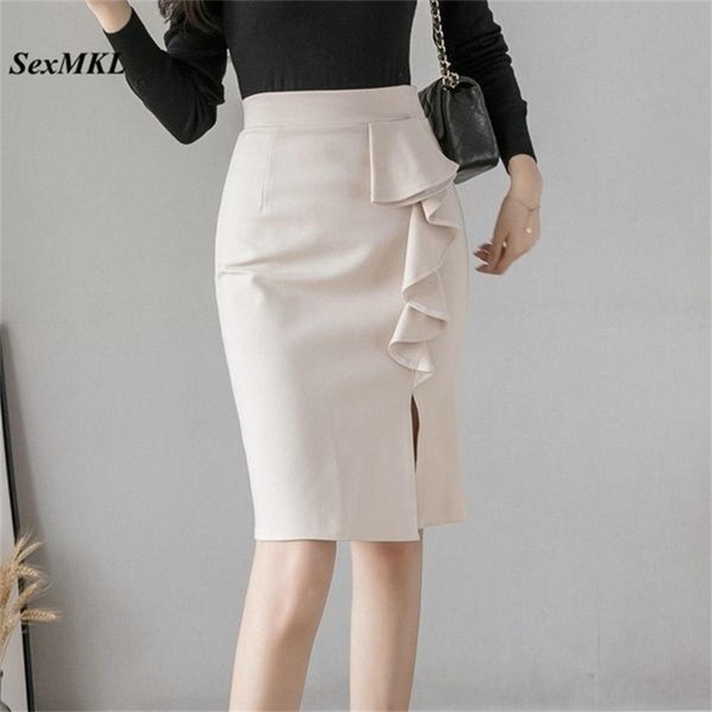 plus size high waist black skirts women fashion ruffles bodycon