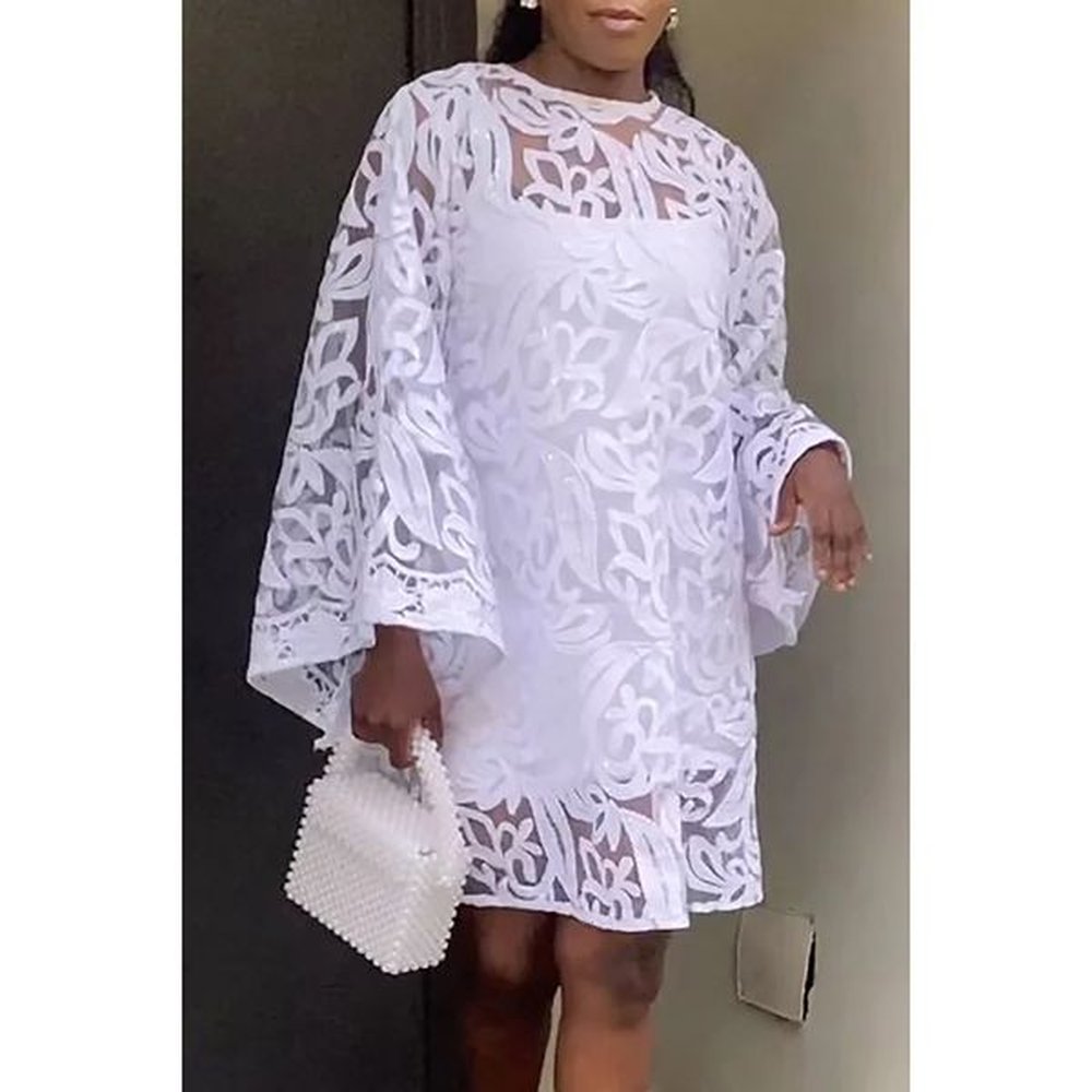 plus size homecoming dress white seethrough lace flare sleeve two