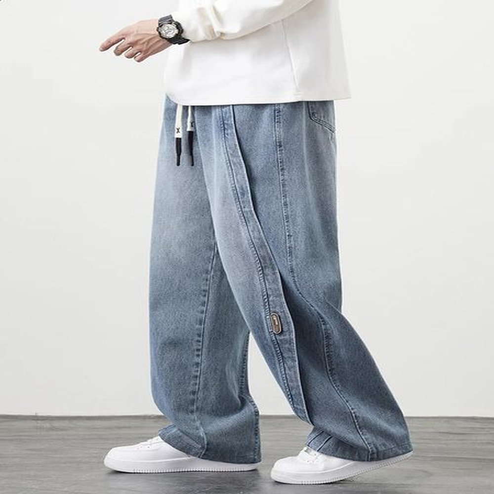Plus Size Mens Jeans Wide Leg Straight Denim Pants Washed Cotton String Banding Casual Baggy Jean Trousers 6XL 7XL 8XL 241116