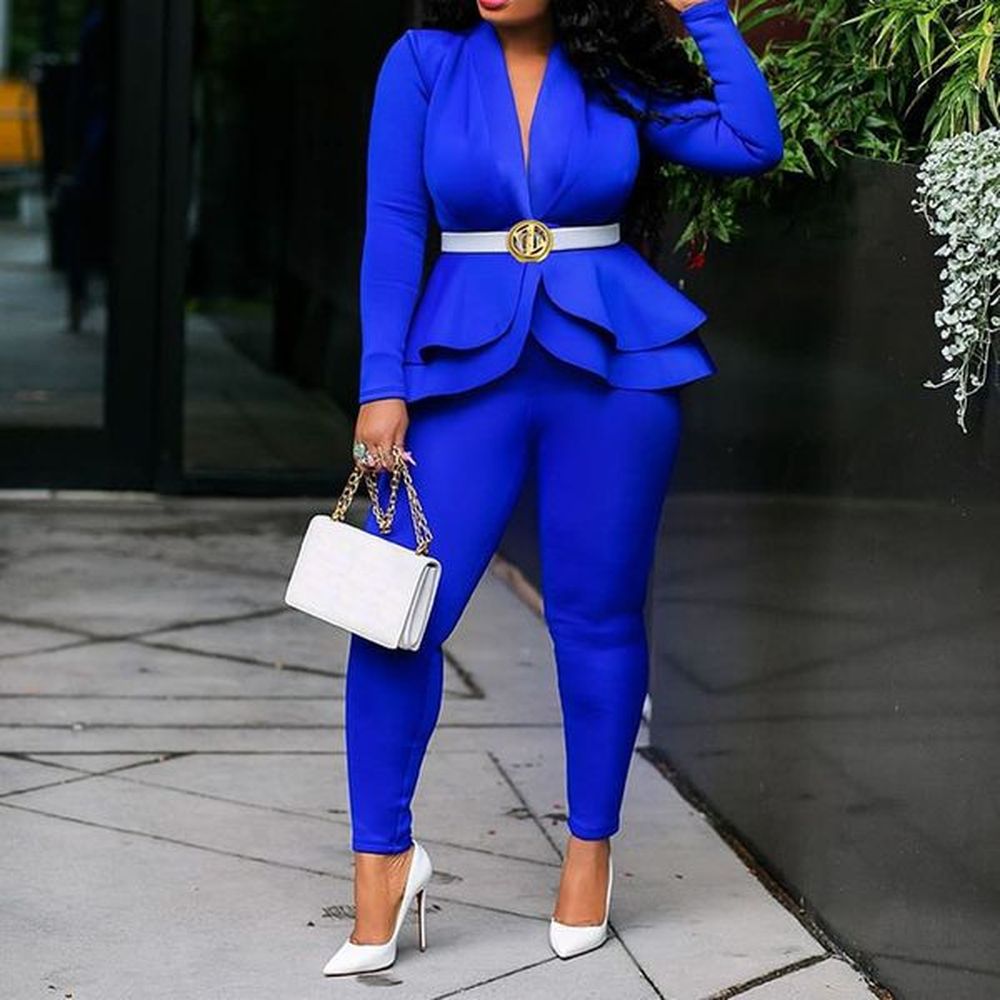 plus size office women sets two piece set black