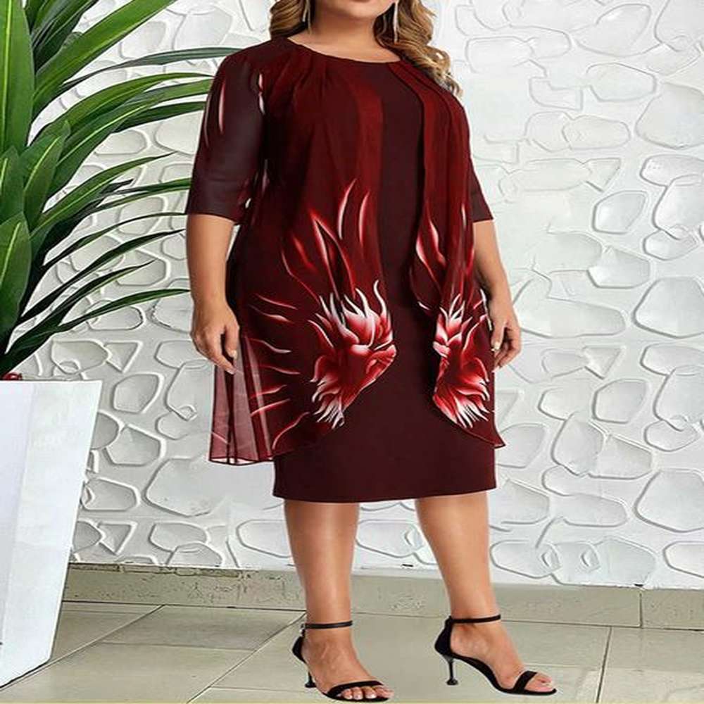 plus size women dress elegant mesh print midi party dresses