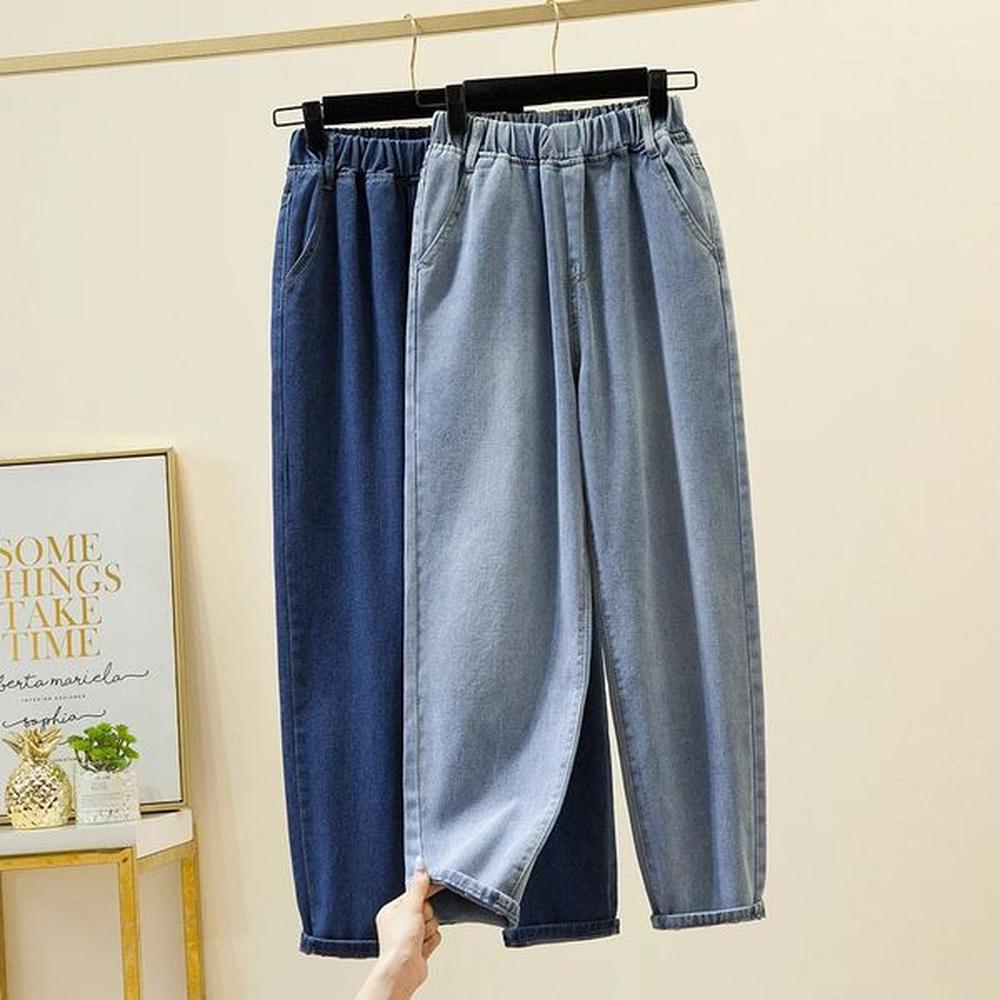 plus size womens jeans elastic waist loose denim pants ninth