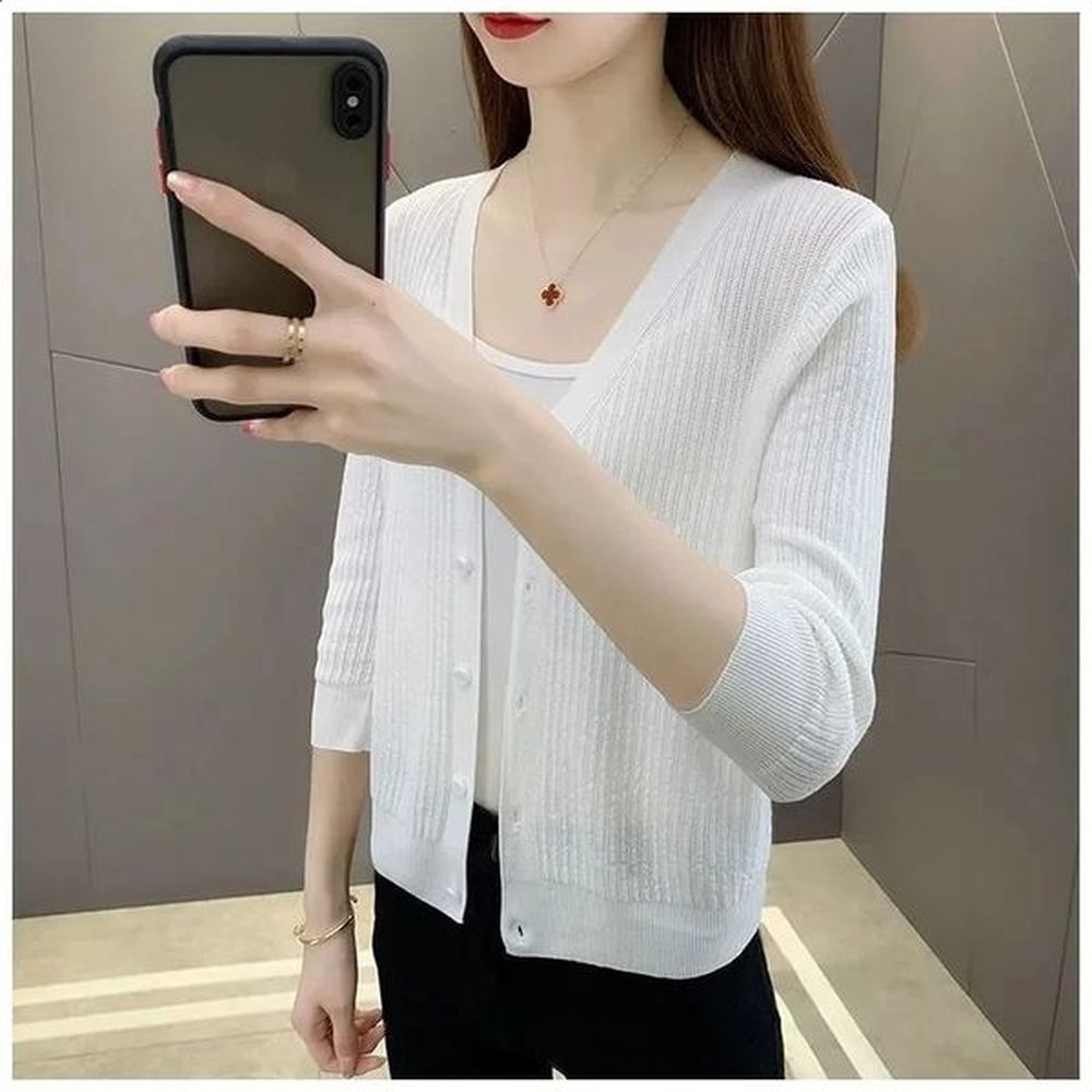 plus size womens knitted cardigan summer thin ice silk solid