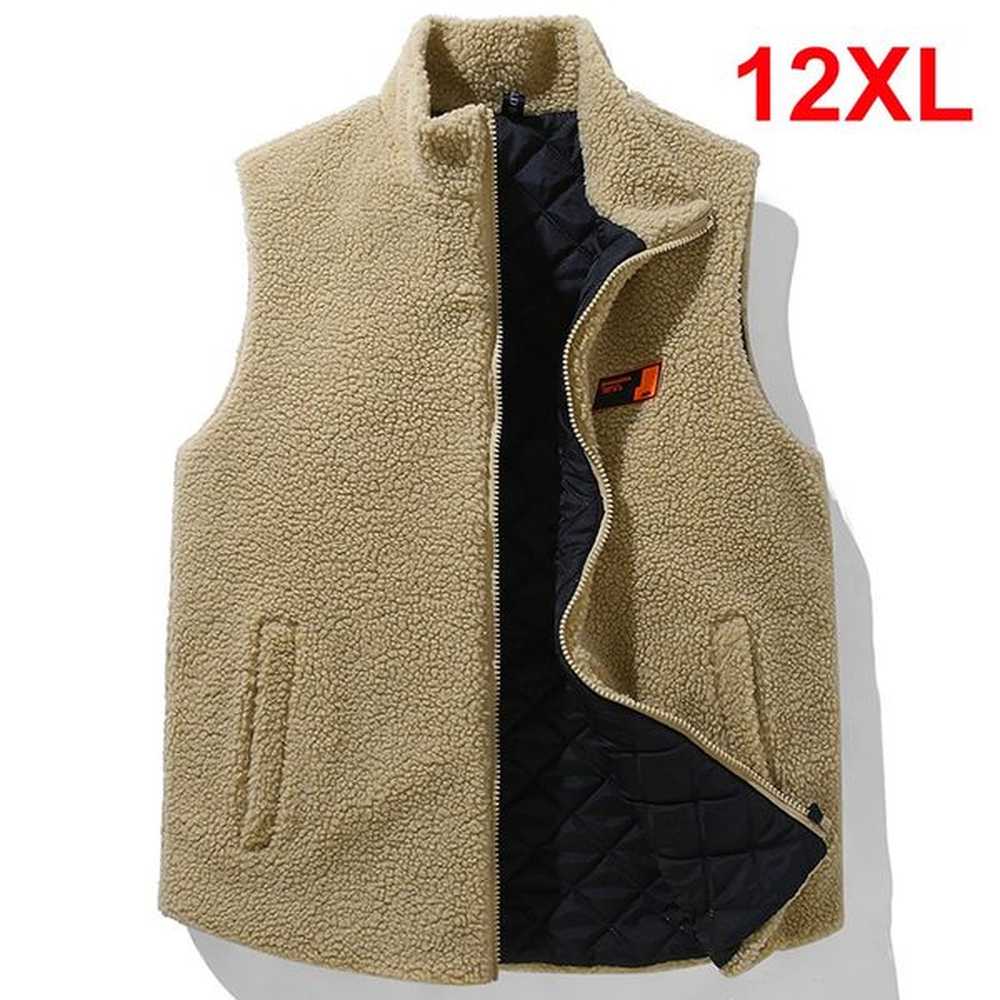 Polar wool vest mens winter warm thick vest solid color fashionable casual polar wool sleeveless jacket Plus size 10XL 12XL 241206