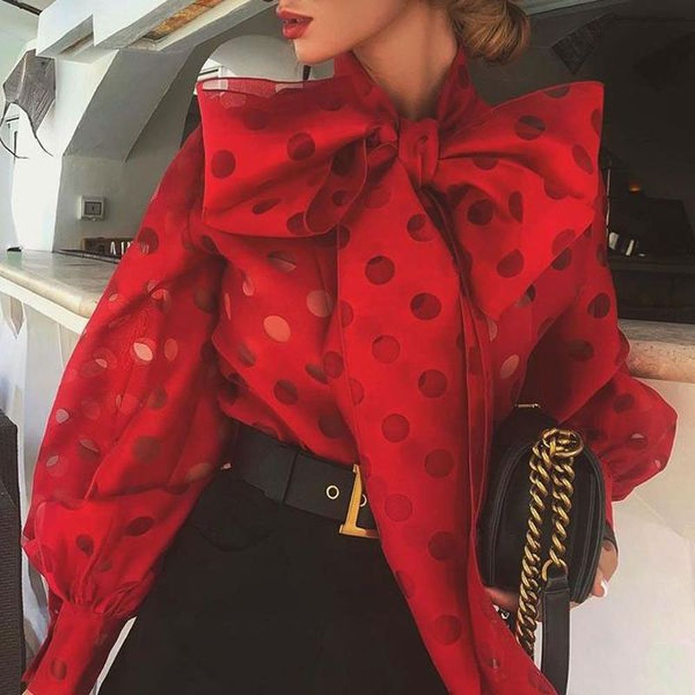 polka dot lantern sleeve knotted blouse women chic elegant office