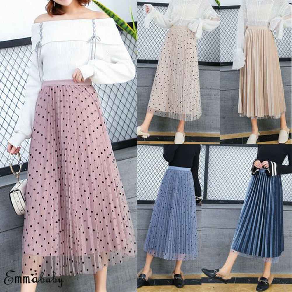 polka dot pleated maxi skirt autumn new womens high
