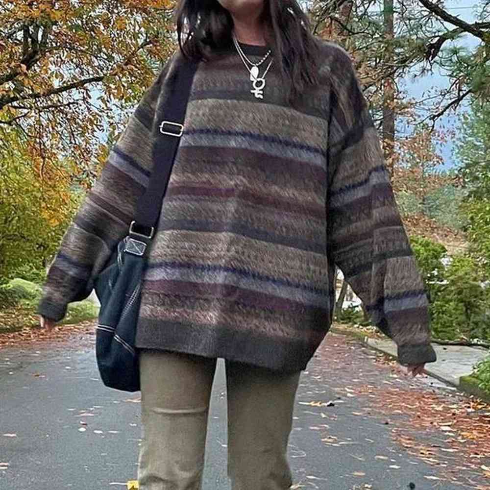 preppy grunge retro striped knitted sweater autumn oneck full slip