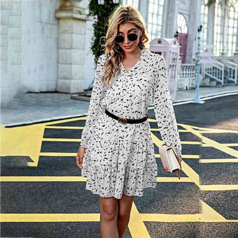 print spring long sleeve white casual short dress women v