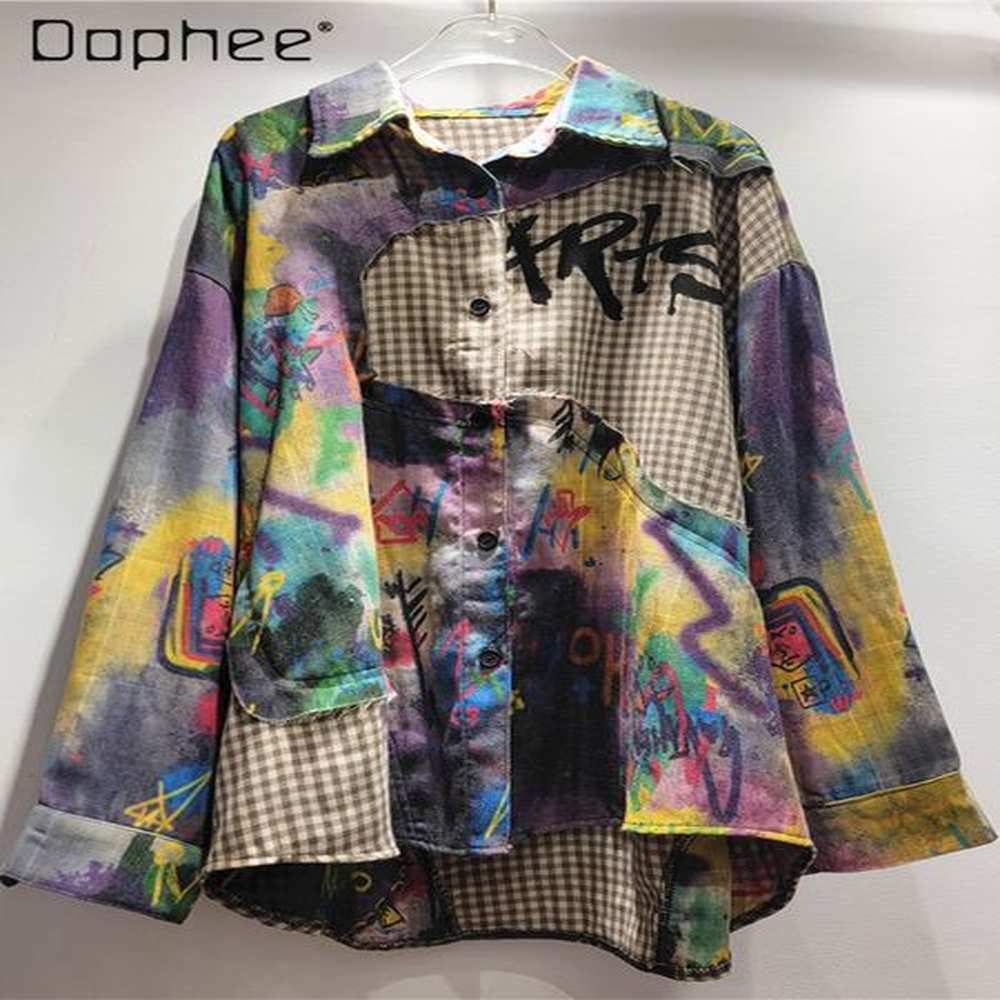 printed graffiti splicing plaid longsleeved shirt female autumn new