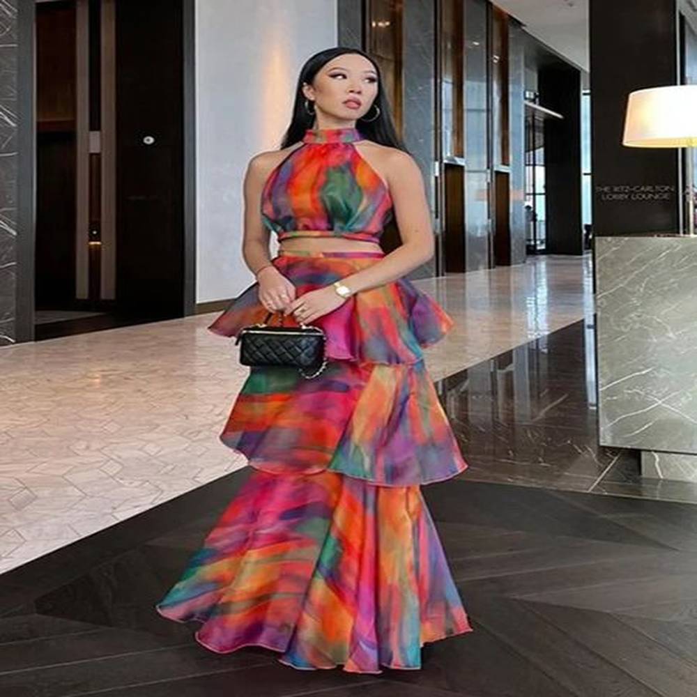 printed halter cut out long dress women stacked ruffle hem