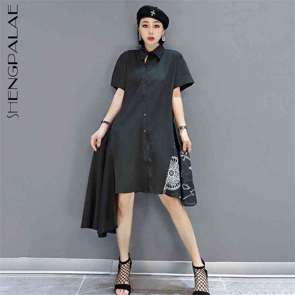 printed irregular shirt dress womens summer laple single breasted short