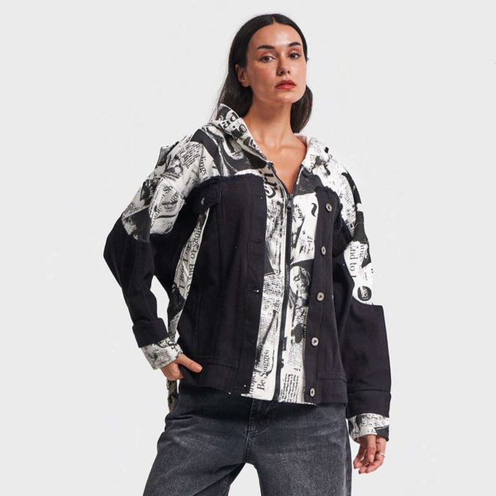 printed patchwork hooded zipper with fashionable casual ribbon splicing design