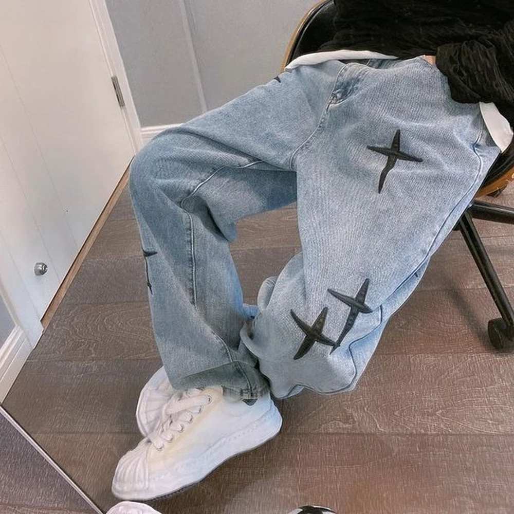Prints Jeans Men 2023 Streetwear Baggy Wide Leg Korean Fashion Drapes Straight Casual Loose Denim Cargo Pants 241113