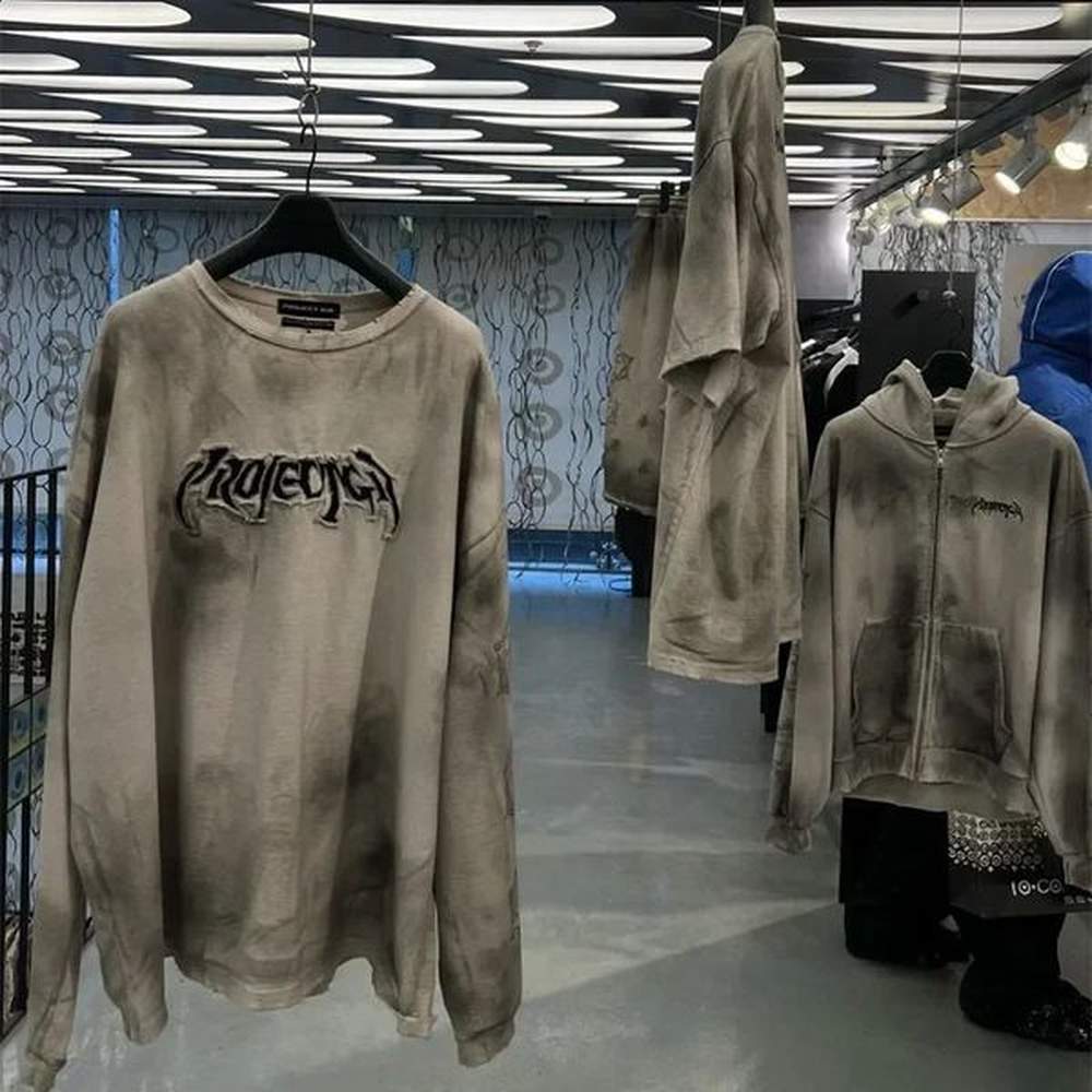 PROJECT G/R Limited Embroidery Retro Wash Old Silhouette Long Sleeve T-shirt Grey Apricot SML 240812
