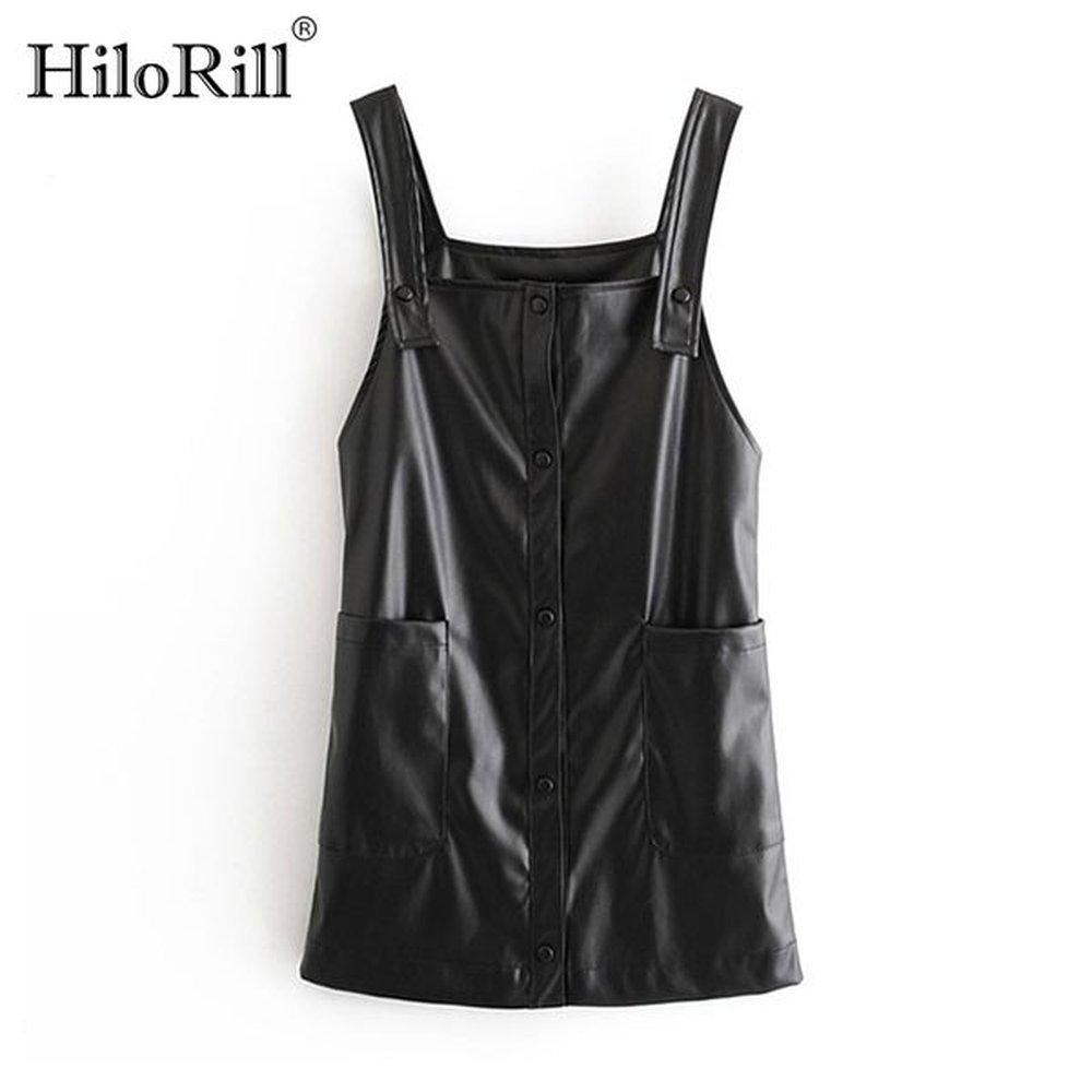 pu faux leather black dresses for women spaghetti strap mini