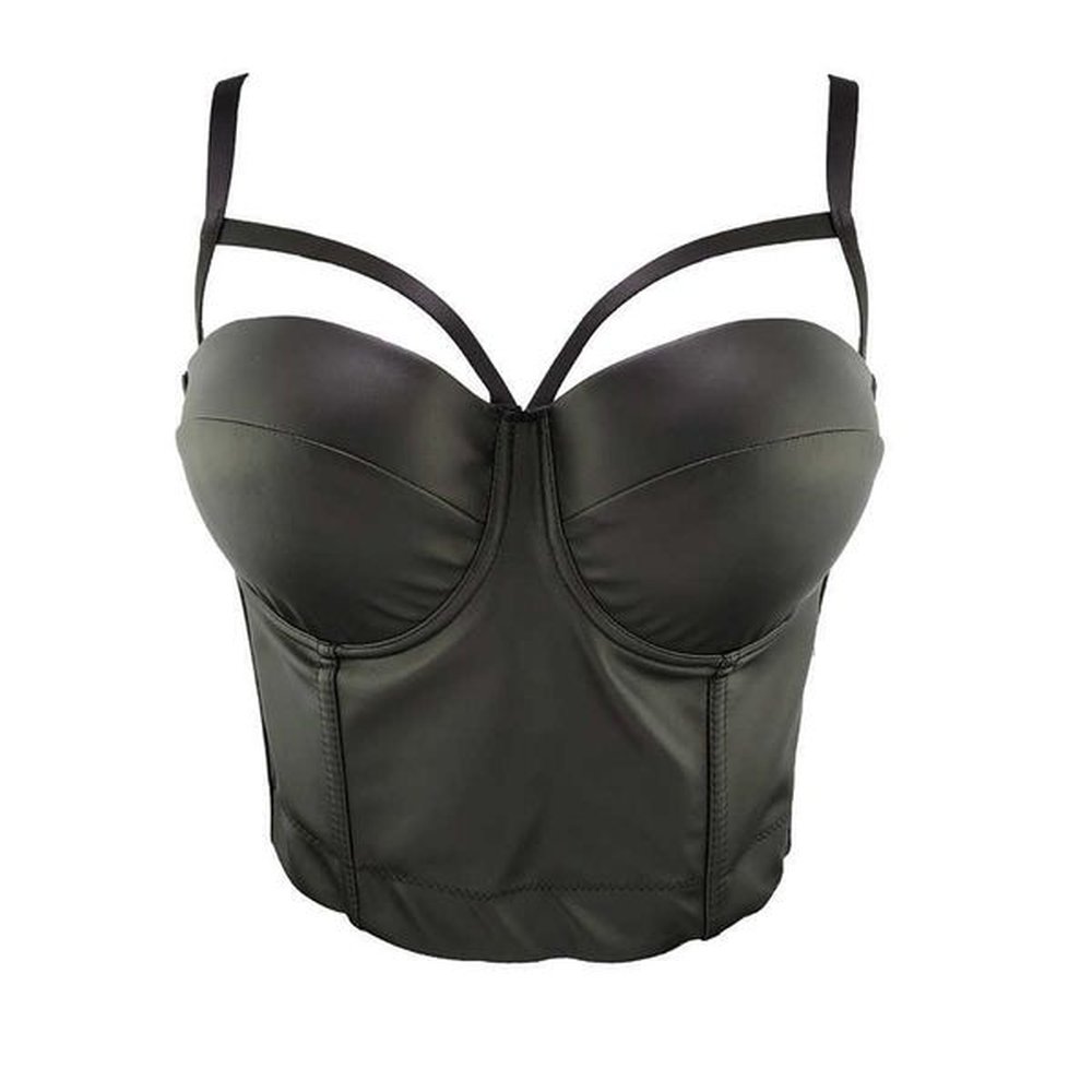 pu leather double straps sexy nightclub women top push up