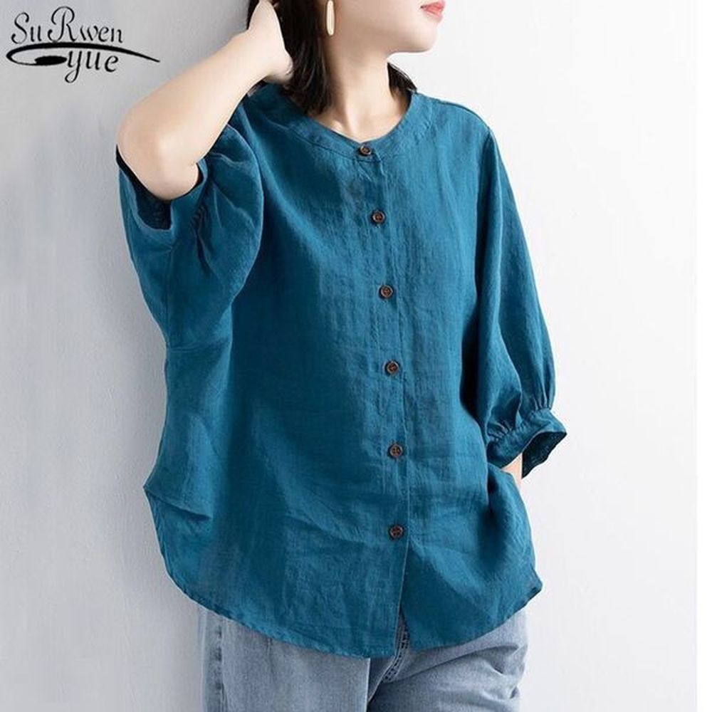 puff sleeve summer linen shirts women plus size clothing ladies
