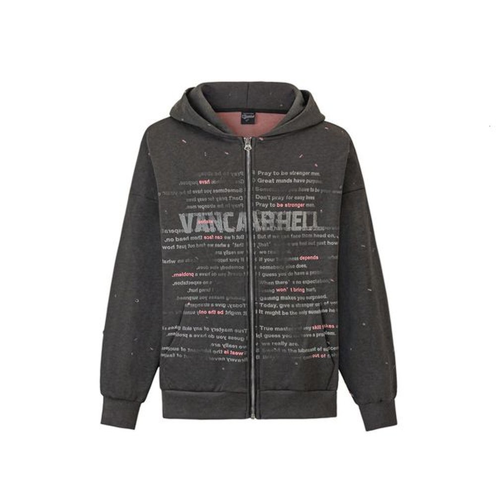 Punk vintage letter printed hooded cardigan sweatshirt, men's niche loose fitting paint splattered zipper jacket, street trend