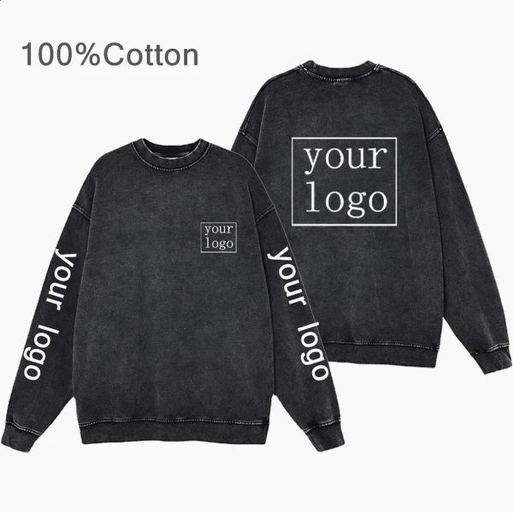 100% pure cotton mens custom clothing staff collar flower retro black acid washed hooded sweater DIYtext printing Y2K 240815