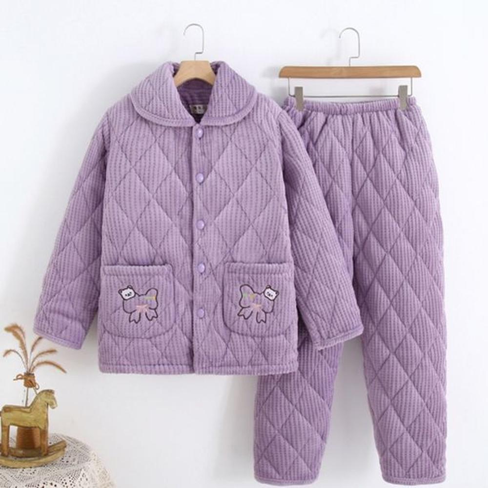 purple autumn and winter womens pajamas loungewear threelayer padded set