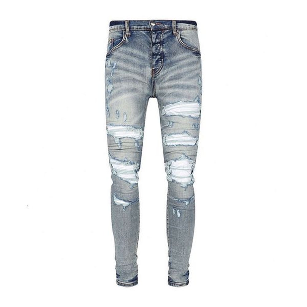 Purple Jean Amiiris Designer Jeans Mens Fashion New High Street Trendy Blue Hole Patch White Slim Fit Elastic Feet