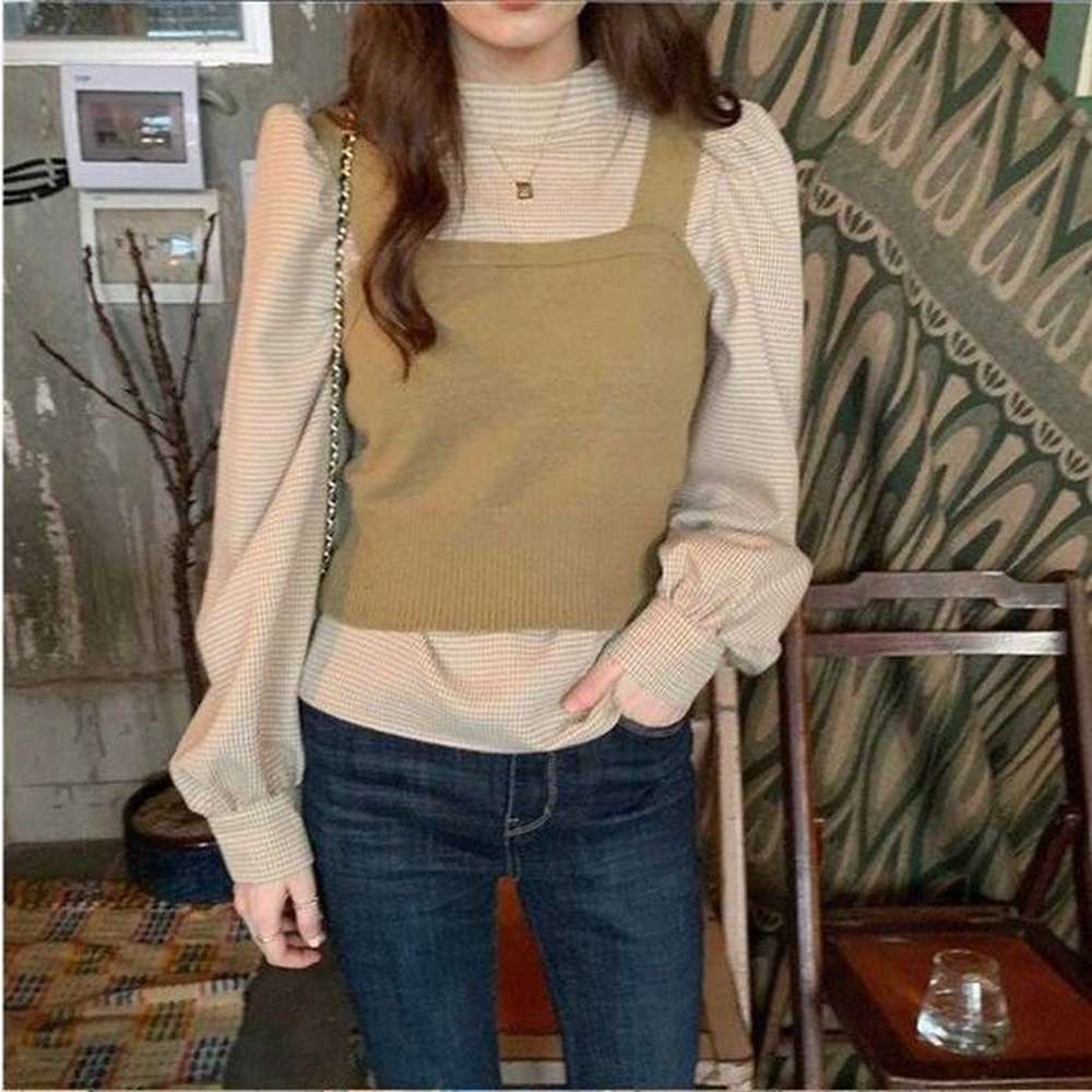 qooth womens loose blouse and vest two pieces set autumn