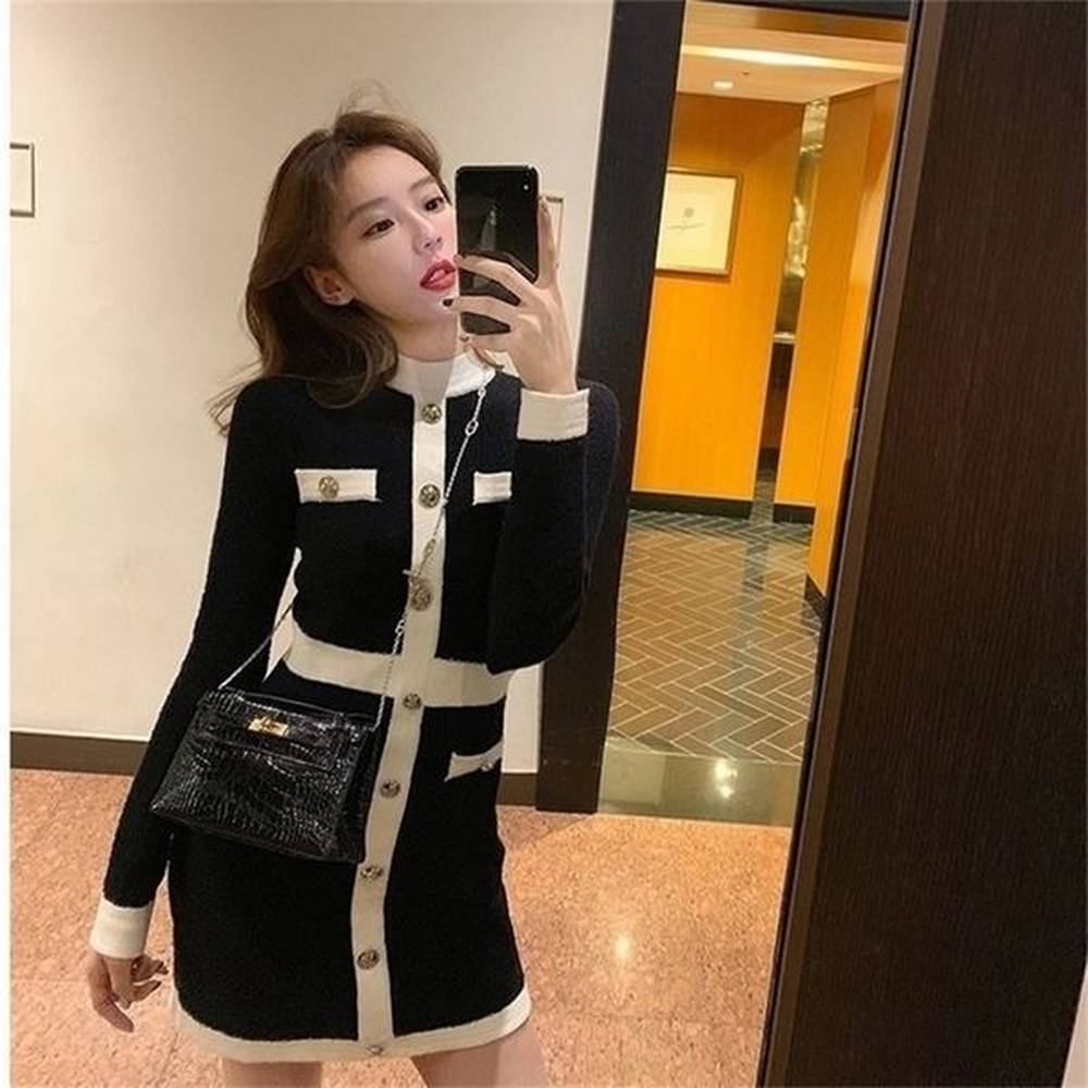 qweek fashion korean style knitted dress winter white women knit