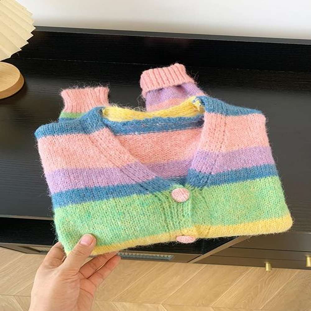 rainbow striped chic vneck knitted cardigan womens long sleeve sweater