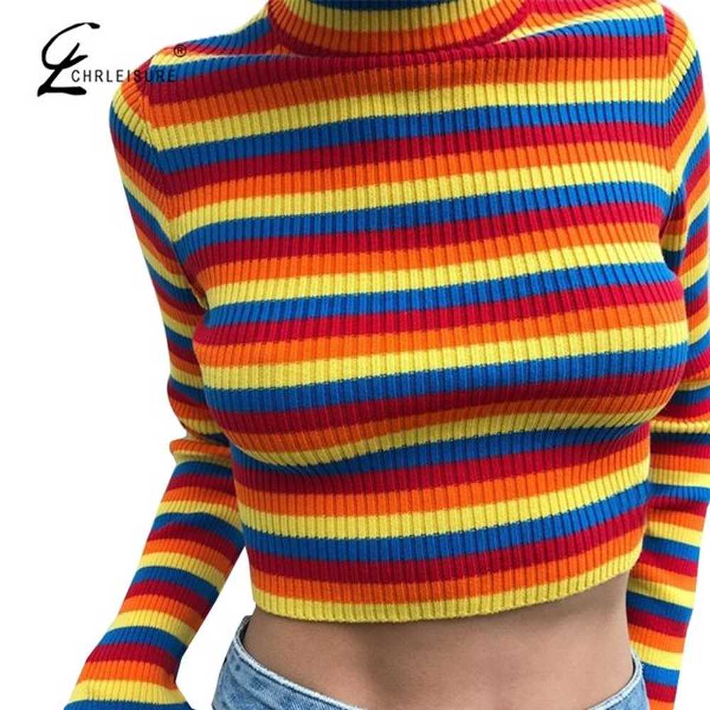 rainbow womens cozy knitted sweater comfy short crop top for